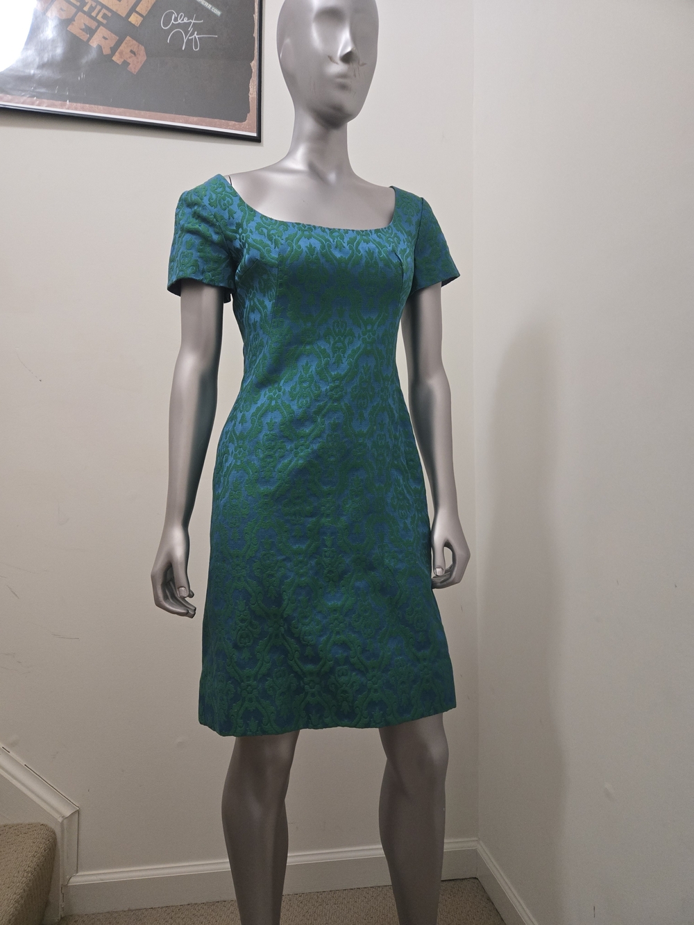 Lord & Taylor Green Jacquard Square-Neck Mini Dress